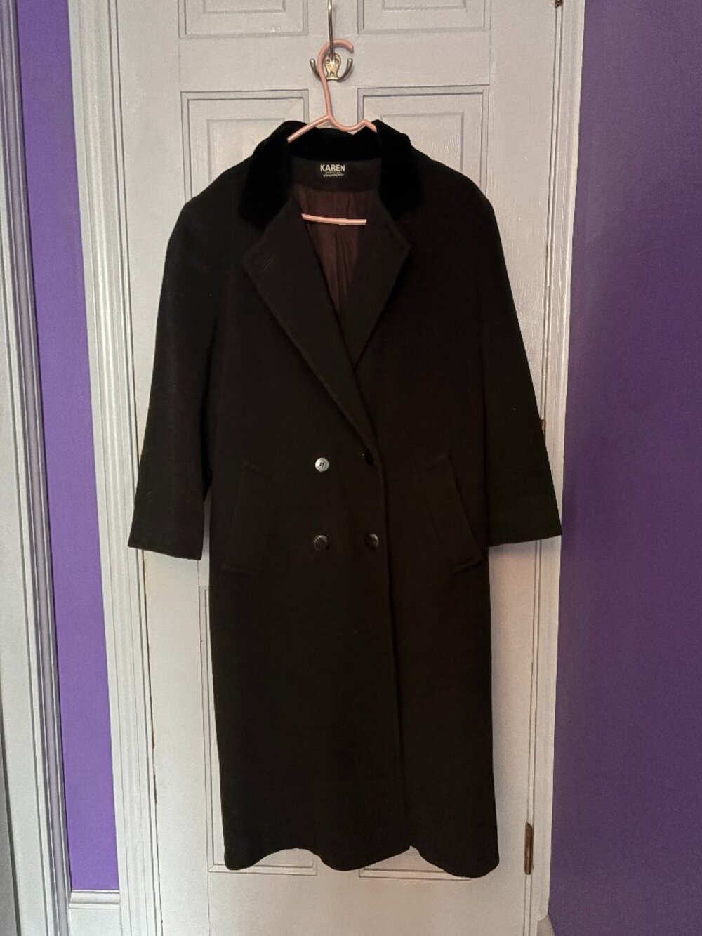 MEN'S BLACK/GREY OVERCOAT - M - KAREN - WOOL/POLY/CASHMERE